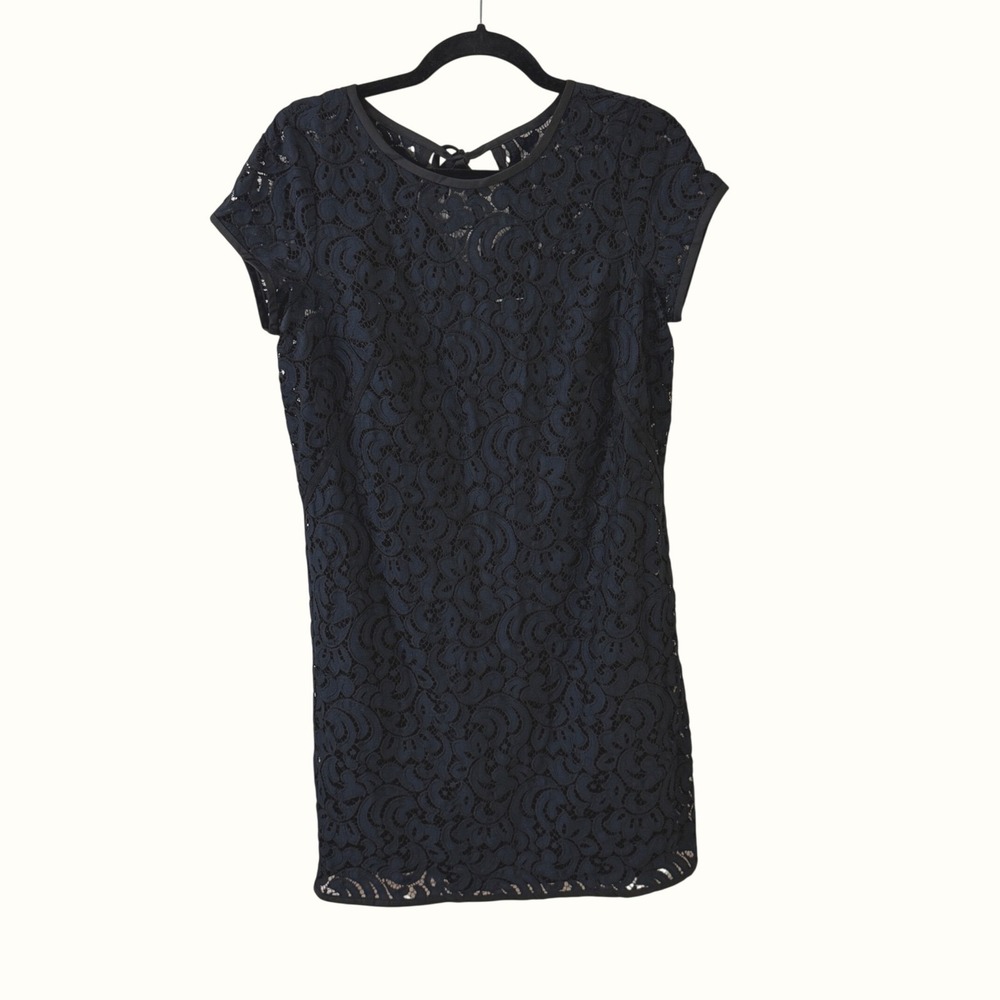 Ann Taylor LOFT Lace Shift Mini Dress Navy Blue 10P Petite Classic Coquette